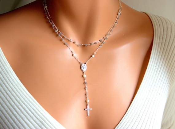 Sterling Silver Rosary Necklace Women 