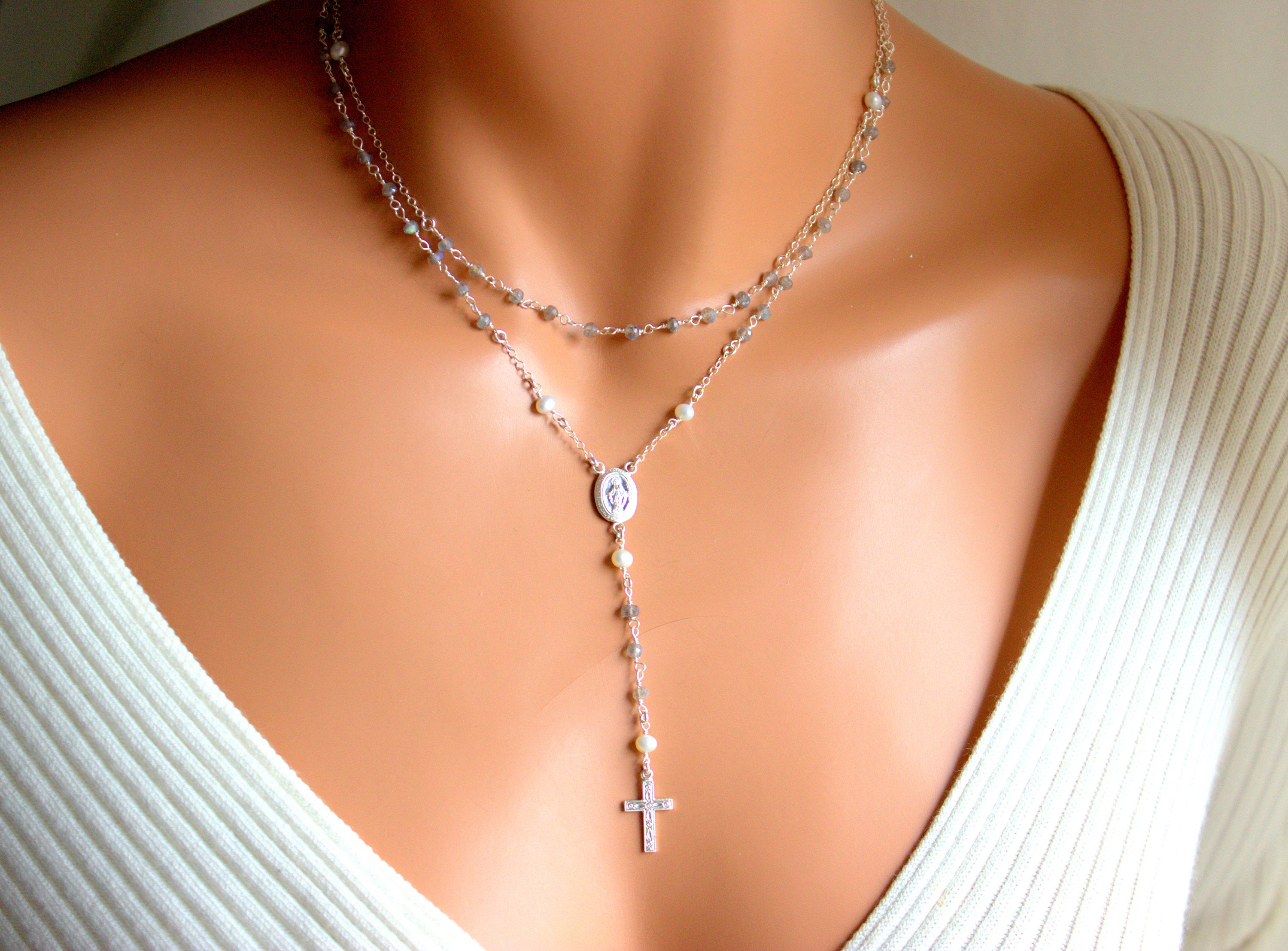 Sterling Silver Rosary Necklace Women Labradorite Pearl Multi
