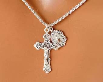 Sterling Silver Crucifix Cross Necklace with Miraculous Medal, Catholic Jewelry ROPE Chain, Double  Charm Necklaces