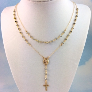 Labradorite Rosary Necklace 14kt Gold Filled Cross Miraculous Medal ...