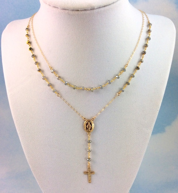 Labradorite Rosary Necklace 14kt Gold Filled Cross Miraculous Medallion lariat, necklace, gift for Mom, Mother’s Day