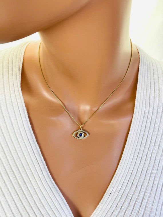 SALE Gold Evil Eye Necklace Women Blue Eye Pendant Box Chain CZ 14k Gold Filled Hamsa Kabbalah Jewelry Blue Crystal Eyes Protection