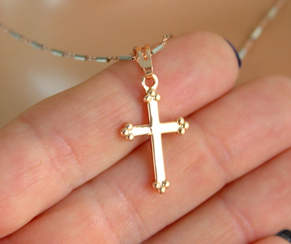 Rose Gold Cross Pendant Necklace Sterling Silver Christian Jewelry Two Tone Bar Chain