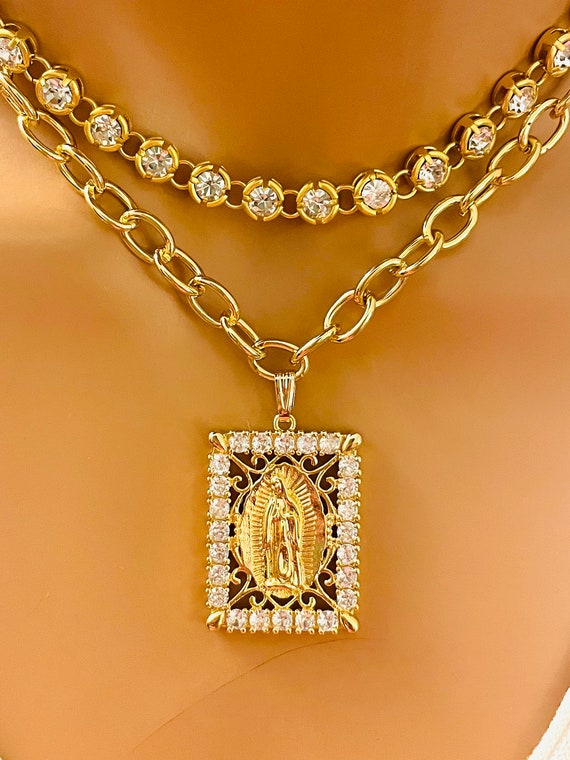 Gold Our Lady of Guadalupe necklace set large Guadalupe pendant chain choker 14K gold filled thick chain set CZ Mary READ DESCRIPTION