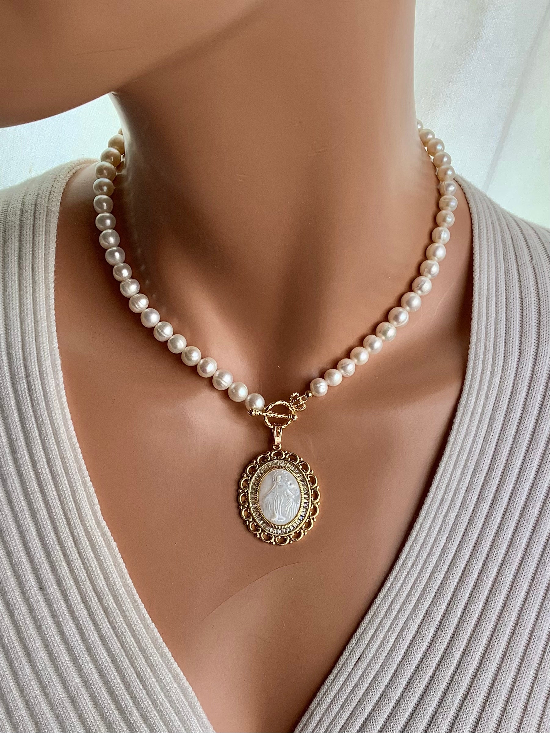 Pearl Necklace Miraculous Mary Mother of Pearl Gold Filled Virgin Mary  Pendant Necklace Pearl Choker Catholic Gift for Mom Jewelry - Etsy