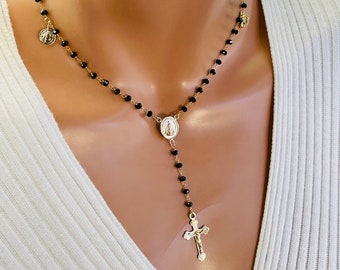 Gold charmed rosary black rosary necklace. Gold filled rosary Crucifix miraculous evil eye Hamsa Benedict Guadalupe protection necklace