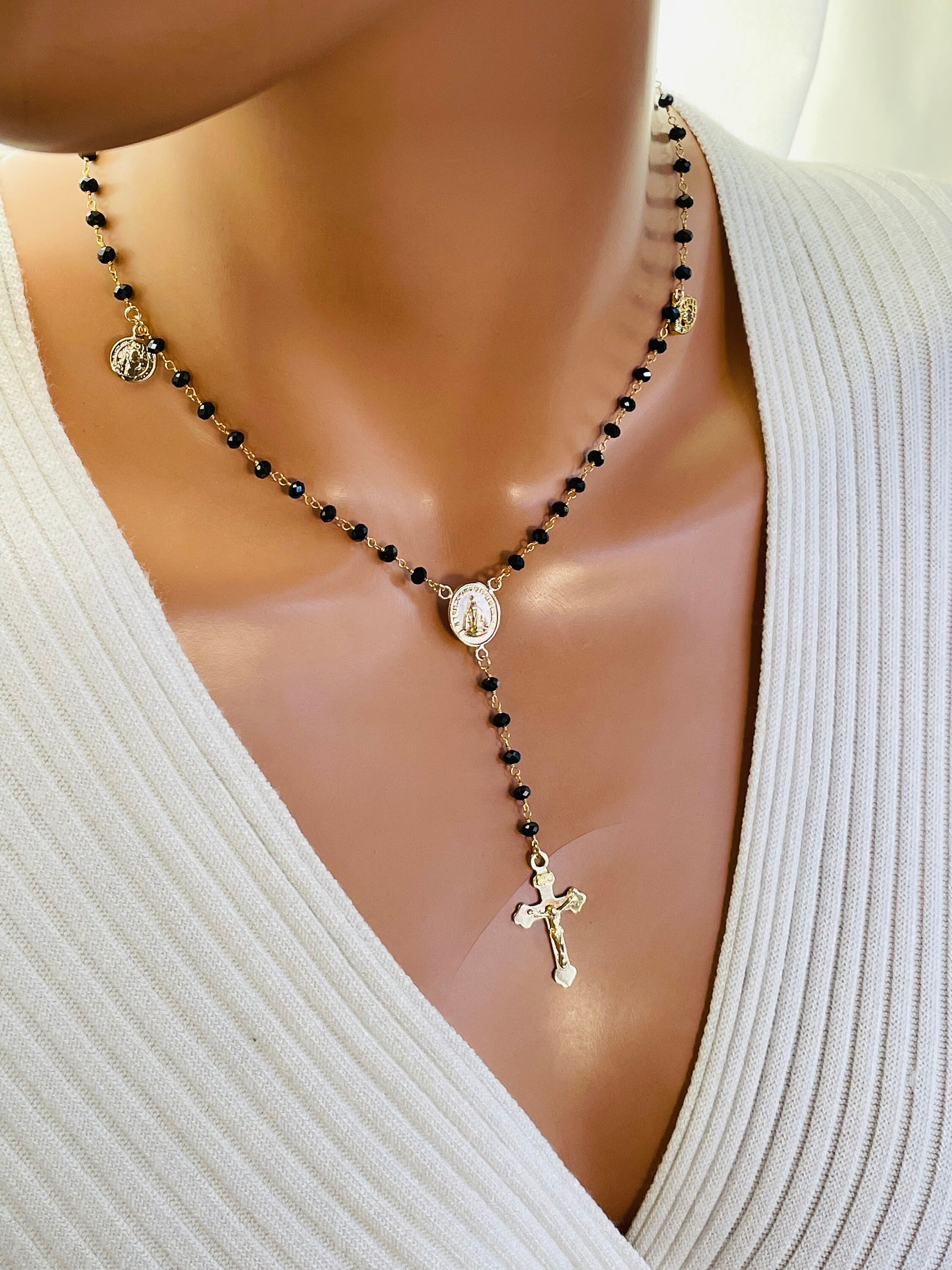 Rosary Necklace gold Silver and Black Catholic Rosary 