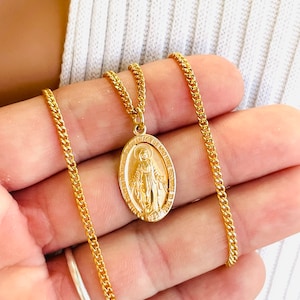 Gold Mary miraculous pendant necklace. Gold over 925 sterling silver miraculous metal stainless steel chain women girls religious catholic