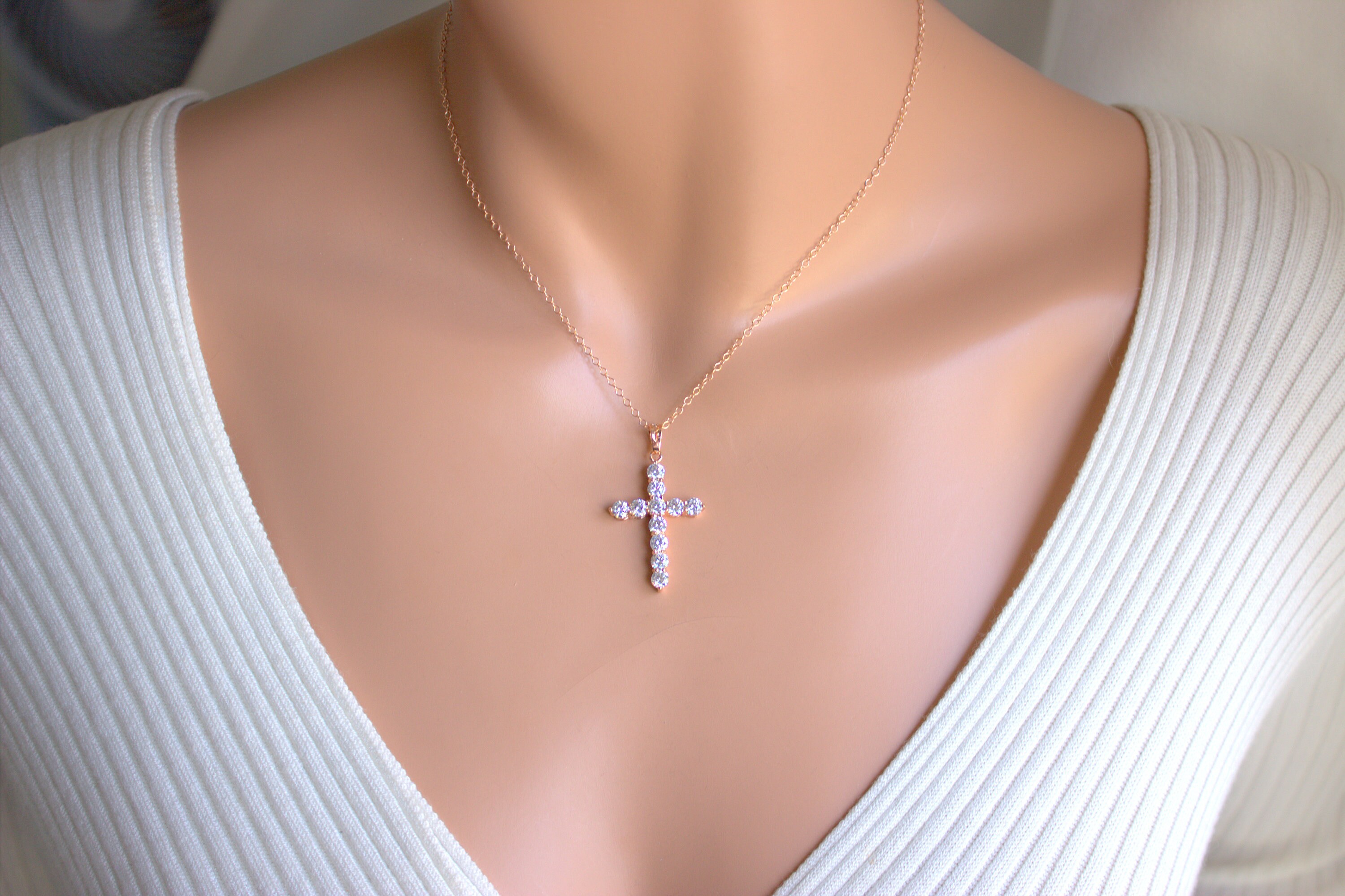 Large Rose Gold Crystal Cross Pendant 