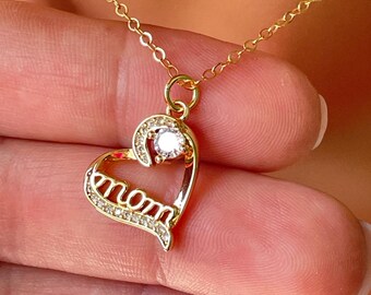 14k Gold Filled Mom Pendant Necklace CZ Heart Charm cable chain, Mother’s Day gift