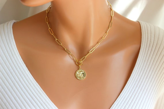 Gold Saint Michael Choker Necklace Paperclip Chain Chokers Women Thick Long Link Gold Filled Toggle Protection Necklaces Gift