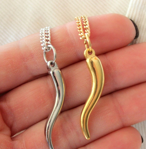 Mens Italian Horn Pendant Necklace Stainless Steel Gold Silver  Cornetto Cornicello Jewelry Men