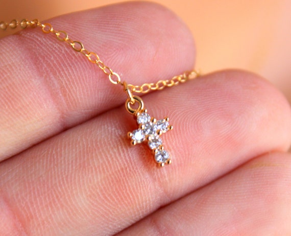 Small Gold Cross Necklace Tiny Little Dainty Charm Women Little Girls Christian Catholic Gift High Quality