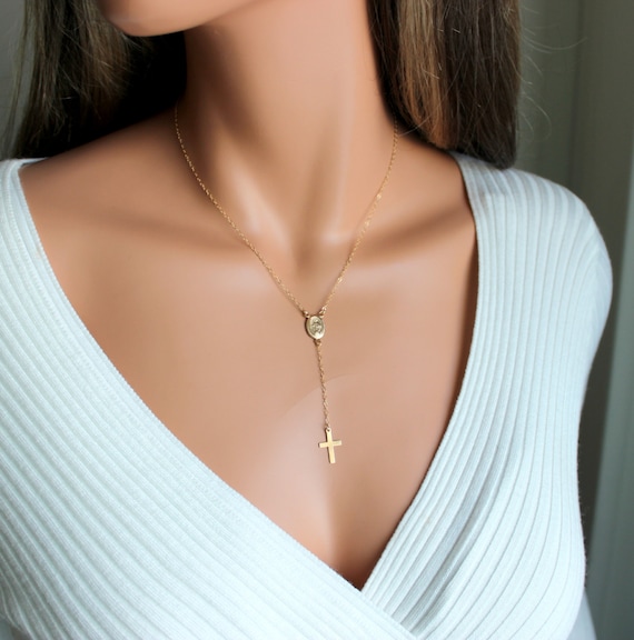 Cross Necklace Women Gold Filled Sterling Silver Rosary Necklaces Simple Delicate Lariat Minimalist Rosaries