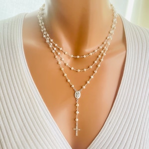 Sterling Silver rosary necklace pearl necklaces gold filled miraculous Mary cross necklace women bridal jewelry Catholic gift for mom Ladies