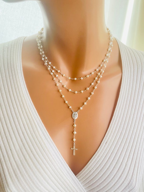 Sterling Silver rosary necklace pearl necklaces gold filled miraculous Mary cross necklace women bridal jewelry Catholic gift for mom Ladies