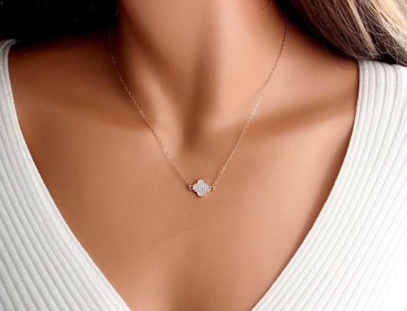 Rose Gold Filled Pave Crystal Clover Necklace Four Leaf C Women Simple Minimalist Jewelry Necklaces - Rose Gold Four Leaf Clover Pendant Rose Gold Filled Pave Crystal Clover Necklace Four Leaf C Women Simple Minimalist Jewelry Necklaces - Rose Gold Four Leaf Clover Pendant