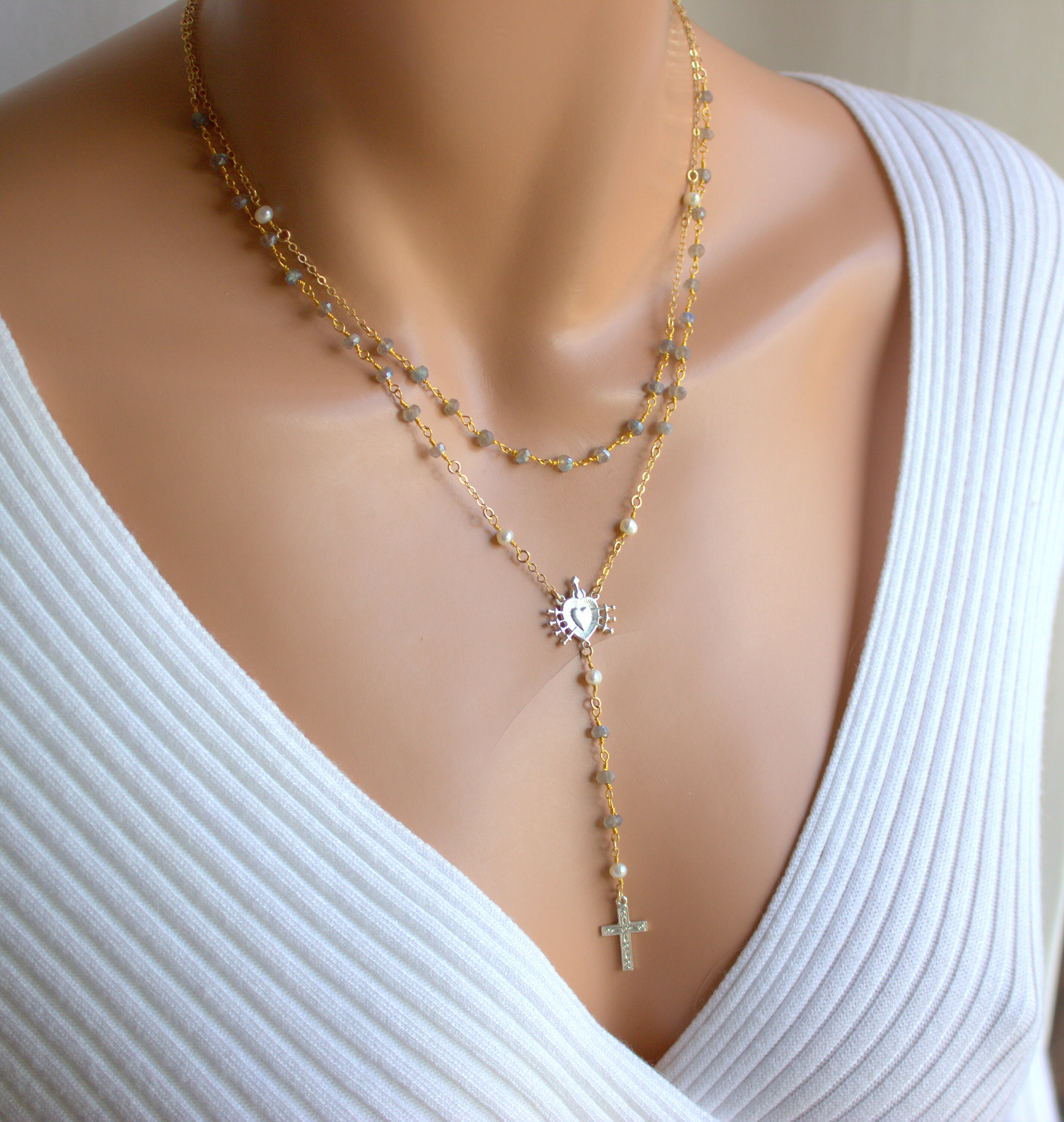 Labradorite Pearl Rosary Necklace Two Tone Gold Silver Seven