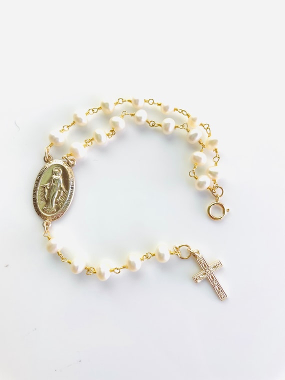 Gold Filled Pearl Rosary Bracelet Cross Bracelets Sterling Silver Pearls Bracelets Large Miraculous Religious Bracelets Rosaries Jewelry