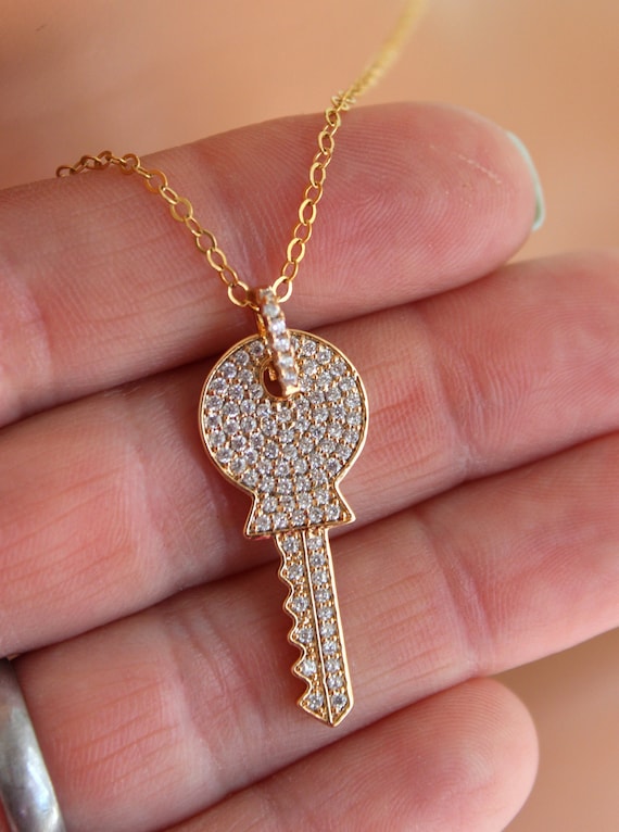 BEST SELLER Gold Key Necklace Women Pave Crystal Key Charm Gold Filled Necklaces Gift for her Silver Key charm necklaces