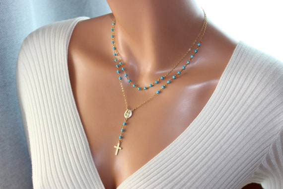 BEST SELLER Turquoise Rosary Necklace Gold Filled Sterling Silver Cross Necklaces Women Miraculous Medal Double Layer Multi Strand
