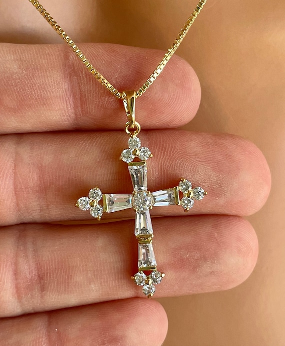 14k Gold Filled Large Crystal Cross Necklace Women Gold Cross Pendant Necklaces Christian Jewelry Gift Bride Bridesmaids Wedding