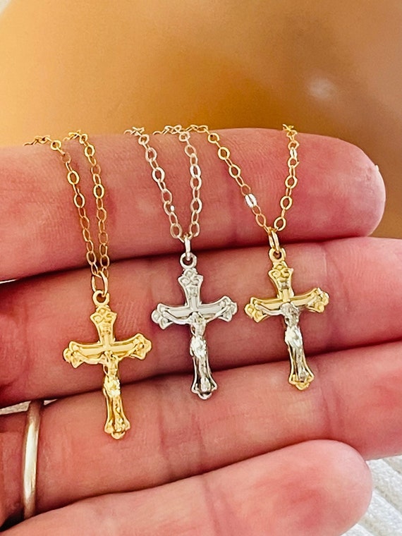 Dainty Gold Crucifix necklace silver two-tone small cross charm necklaces religious catholic jewelry communion gift girls confirmation gift