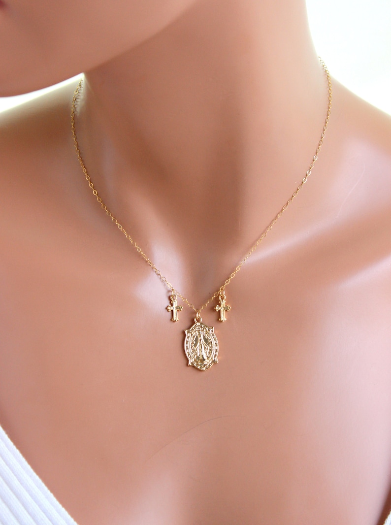 Gold Mary Pendant Cross Necklace Women Catholic Jewelry Unique Etsy