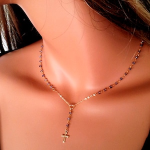 Gold Rosary Necklace Iolite Gemstone Women Girls Dainty Cross Necklaces Catholic Christian Jewelry Communion Confirmation Gift