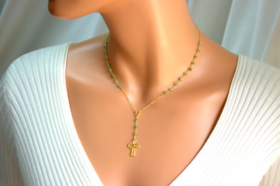 Irish Gold Rosary Necklace AAA Emerald Gold Filled Sterling Silver Celtic Cross Necklaces Jewelry Women