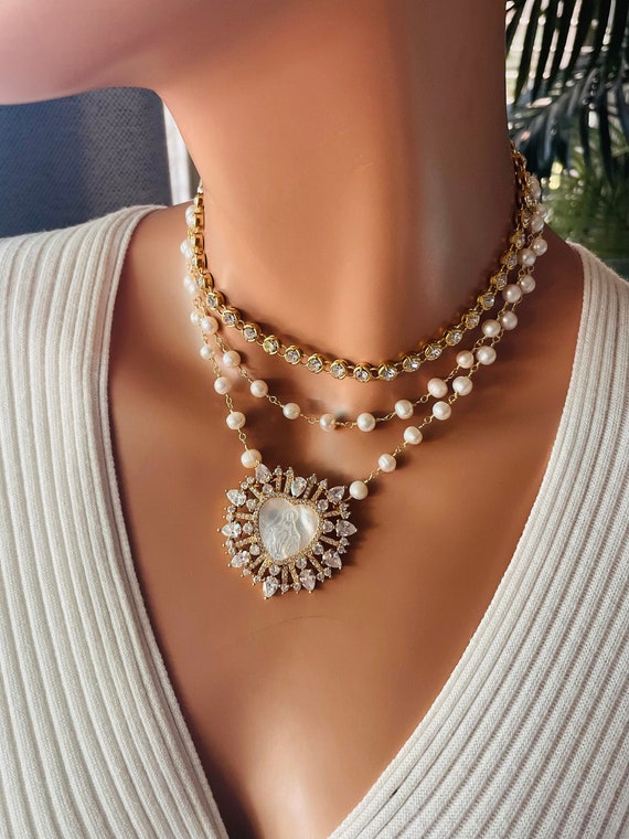 Gold mother Mary multi strand necklace, pearl necklace, mother of pearl miraculous heart necklace gold silver chain set READ DESCRIPTION