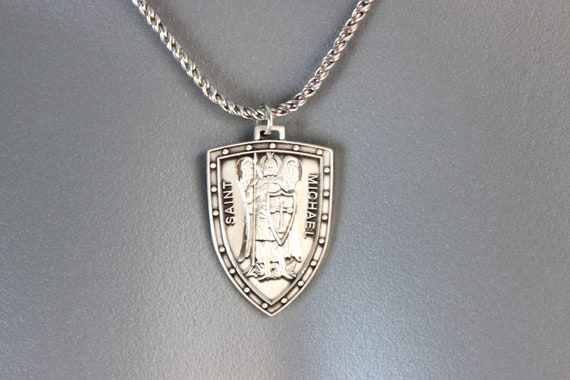 BEST SELLER Sterling Silver St Michael Pendant Necklace Angel Large Shield Charm Necklace Catholic Jewelry Gift Protection