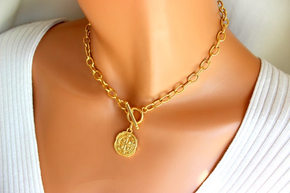 BEST SELLER Gold Coin Necklace, Benedict Gold Filled Chunky Choker, Gold Rolo Chain Ancient Coin Thick Chain, Toggle Front, Coin Necklaces