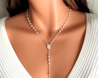 Pearl Rosary Necklace Women Cross Silver Rosaries Sterling Silver Confirmation Gift Pearls Cross Spiritual Faith