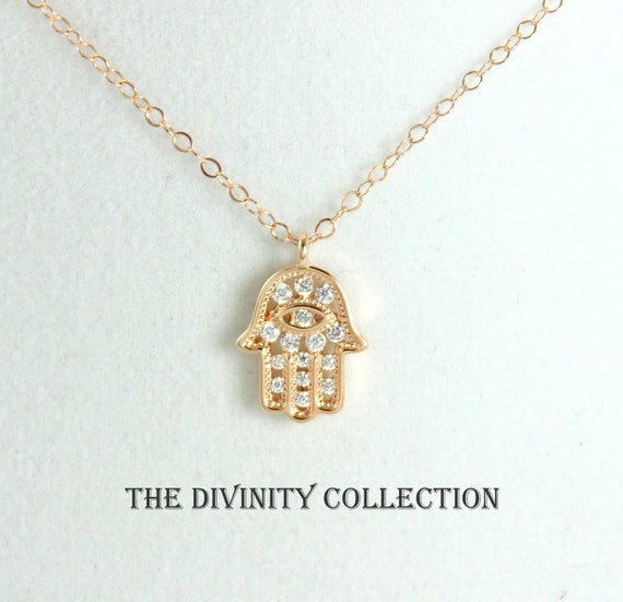 Hamsa Charm Necklace Rose Gold Filled Small Little Hand of Fatima Pendant Women Girls Dainty Tiny Kabbalah Jewelry Simple Delicate Necklaces