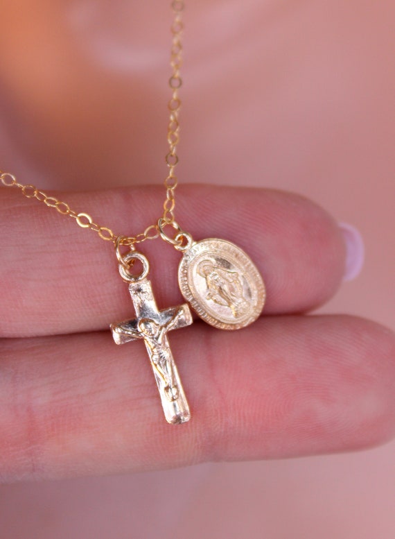 Gold Miraculous Crucifix Double Charm Necklace Women Girls Jewelry Catholic Confirmtion Gift Religious Two Charms Necklaces Sest Seller