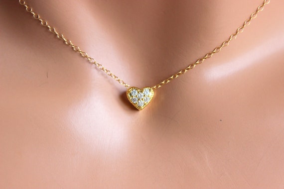 Small Gold Heart Charm Necklace, Dainty Heart Pendant Necklace, Silver Gold Heart Choker  Little Girls Women Jewelry Gift Pave Crystal Heart