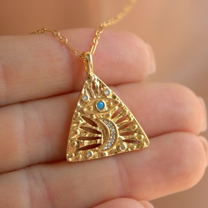 Gold Evil Eye Necklace Triangle Pendant CZ Moon Charm Necklace Women Unique Large Triangle Charm 14k Gold Filled Evil Eye Necklaces Gift