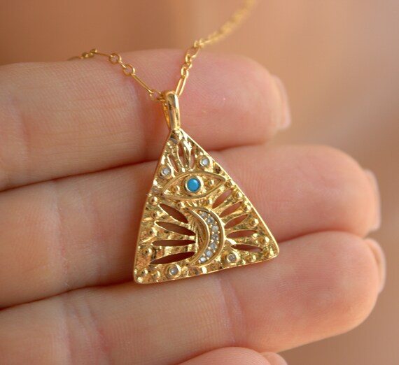 Gold Evil Eye Necklace Triangle Pendant CZ Moon Charm Necklace Women Unique Large Triangle Charm 14k Gold Filled Evil Eye Necklaces Gift