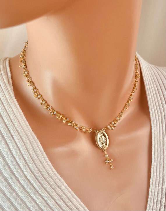 Gold Miraculous Choker Necklace Ethiopian Opal Cluster Collar Necklaces Rosegold Sterling Silver Virgin Mary Charm Cluster Religious Gift