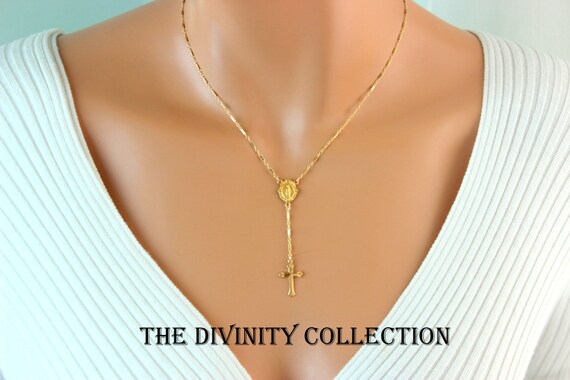BEST SELLER Gold Rosary Necklace Women Sterling Silver Rosary Inspired Virgin Mary Charm Neckaces Cross Pendant Catholic Jewelry Gift Lariat