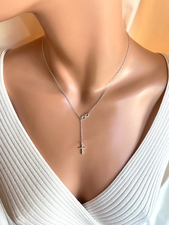 Sterling Silver Infinity Cross Necklace Womens Y Style Lariat Necklaces Custom 925 Jewelry Simple Delicate Minimlaist Gift for her