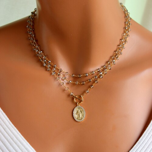 Sterling Silver Mary Miraculous Necklace Gold Mary shops Charm Necklace Grey Crystal Choker Multi Strand Necklaces Religious Jewelry Gift