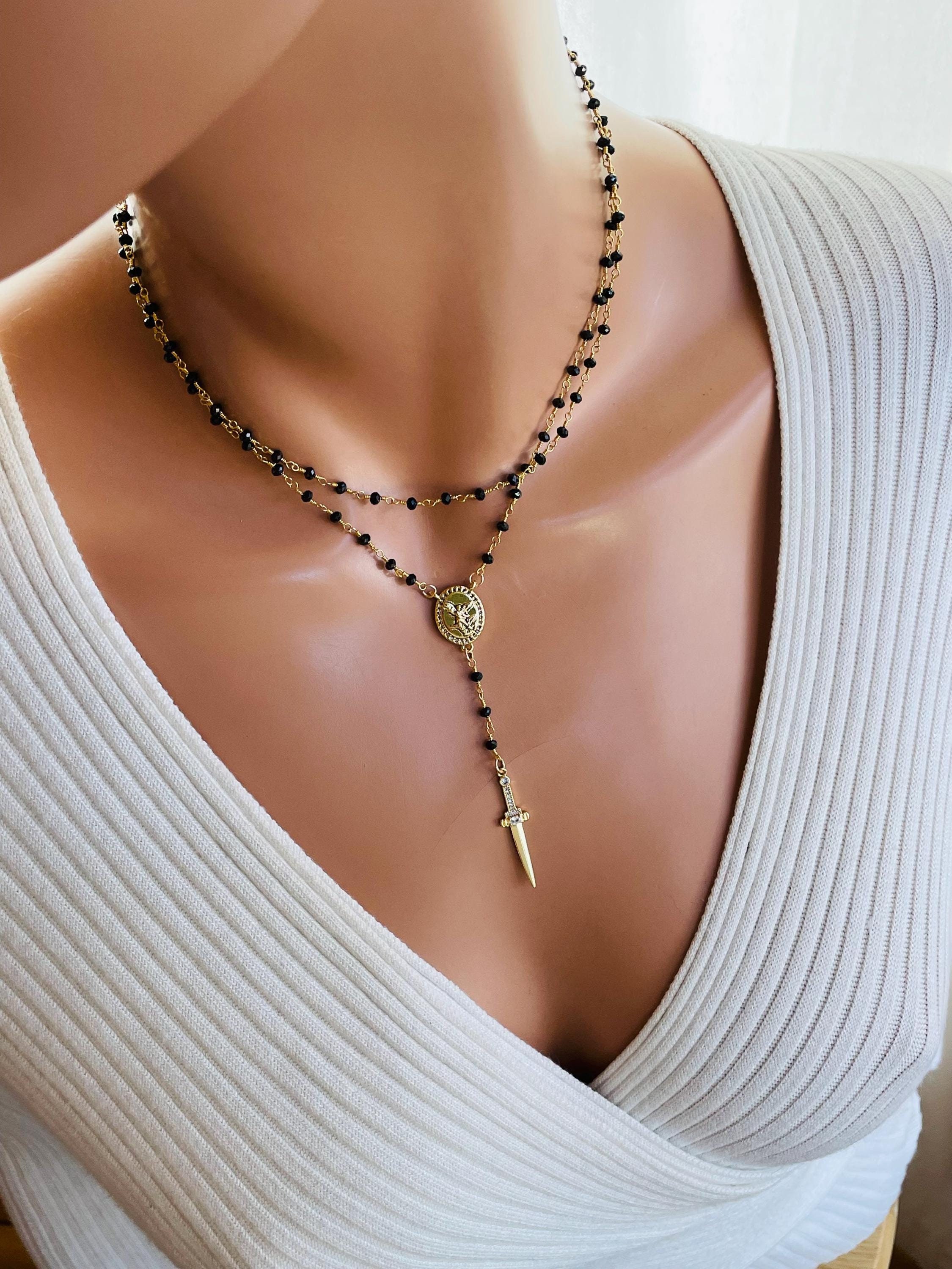 アクセサリー Vintage Black Rosary Necklace Vintage Rosary Necklace: Black Onyx Beads, 9k Gold Filled