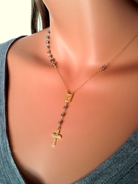 BEST SELLER Gold Rosary Necklace Women Crucifix Cross Necklaces Catholic Jewelry Gift Labradorite Necklace Rosaries Protection Mother Mary