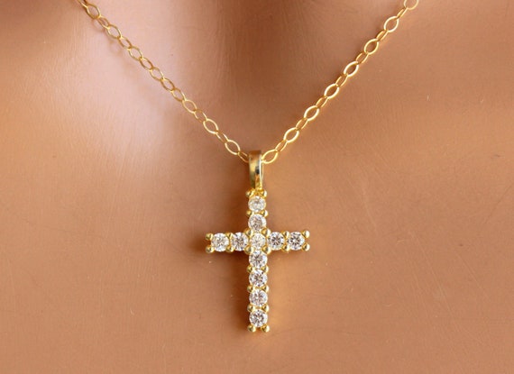 Gold Cross Necklace Women Crystal Cross Pendant Necklaces Gold Filled Cross Charm Jewelry Religious Faith Confirmation Gift Medium Size