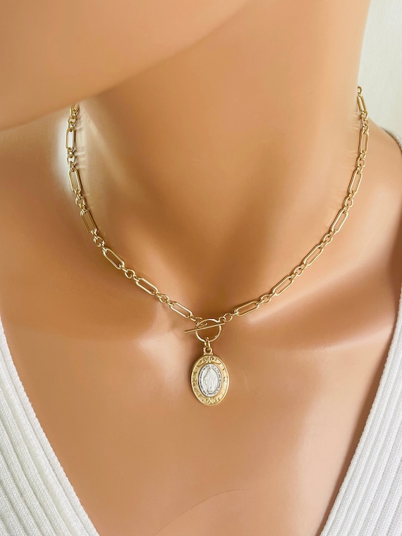 Gold miraculous Mary pendant necklace, sterling silver Mary charm necklaces gold filled paper clip chain choker necklace women, ladies