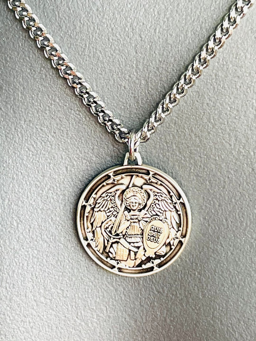 Sterling Silver Saint Michael Pendant Necklace Round Michael Chain