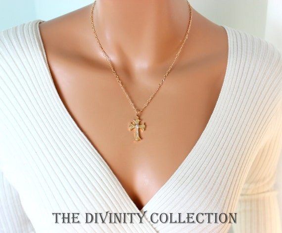 Cross Necklace Women 18kt Gold Filled High Quality Zirconia Pendant Necklaces Christian Catholic Jewelry Gift Bride Bridesmaids Wedding