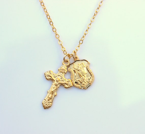 Gold Saint Michael Crucifix Double Charm Necklace Small Dainty Pendant Necklaces Sterling Silver Protection Jewelry Women Confirmation Gift
